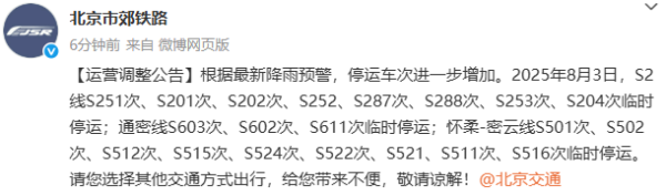 股票入门网 北京市郊铁路部分车次8月3日临时停运